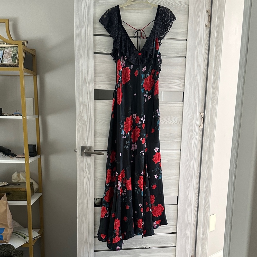 Free People Black Maxi Dress with Red and White Floral Design